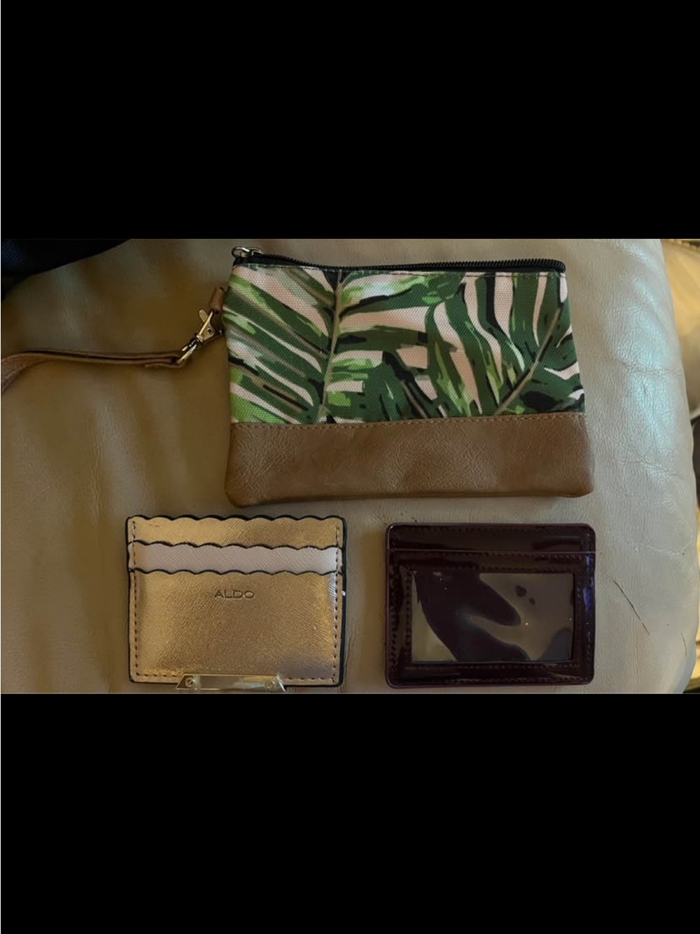 Aldo Tropical Print Wristlet with Gold Card Holder and Brown ID Case